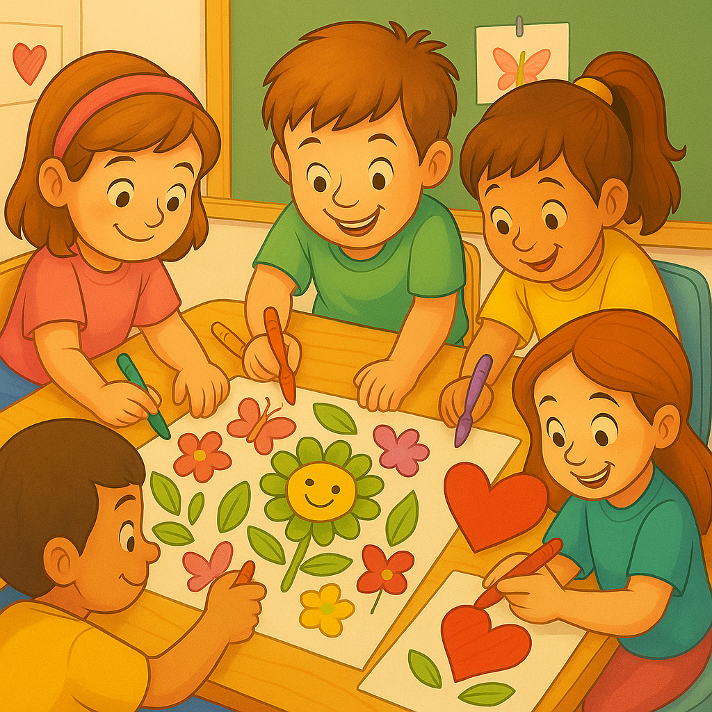 Children coloring together in a classroom